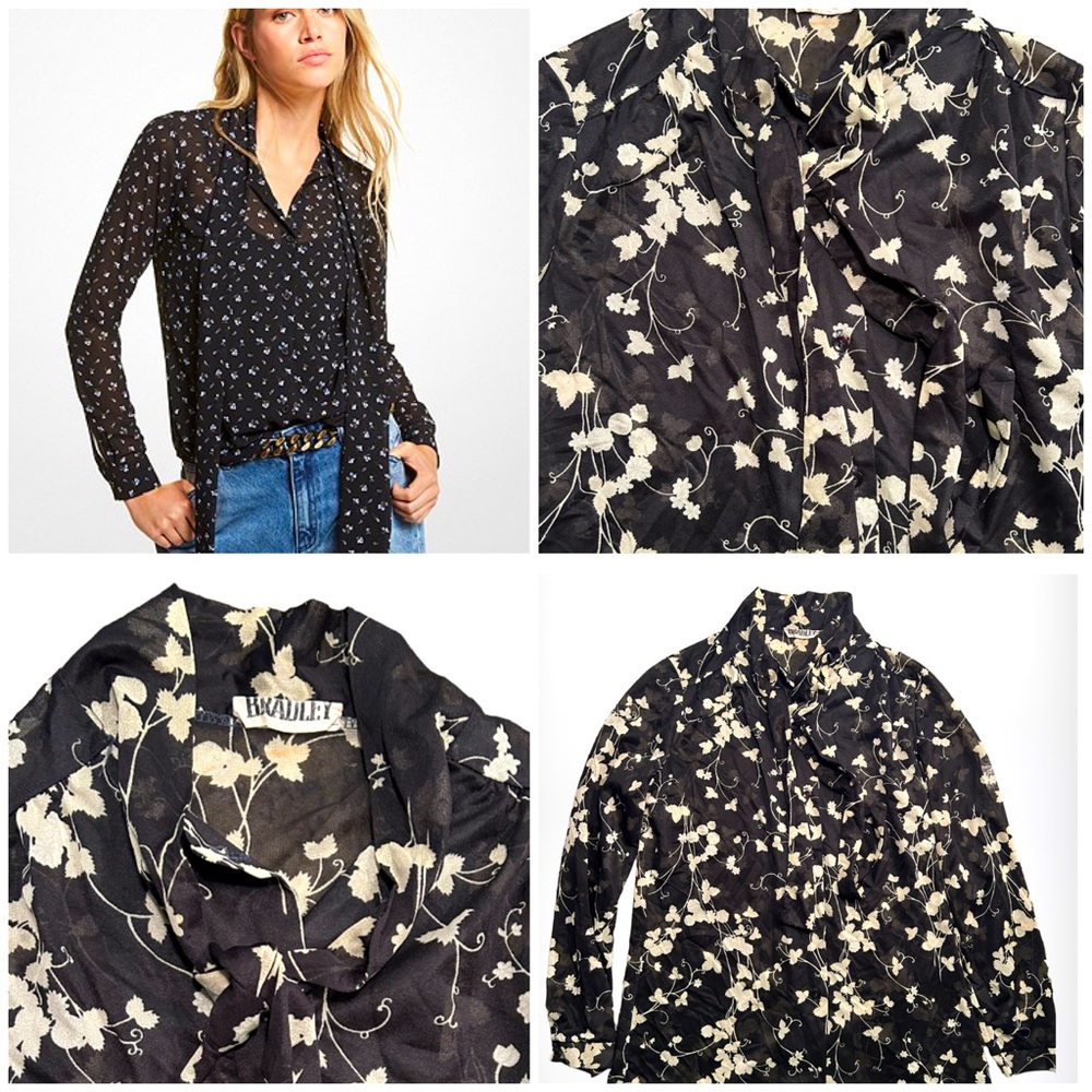 VINTAGE Super Cute & Feminine Sheer Black Chiffon Button Down w/Tie Neck Blouse